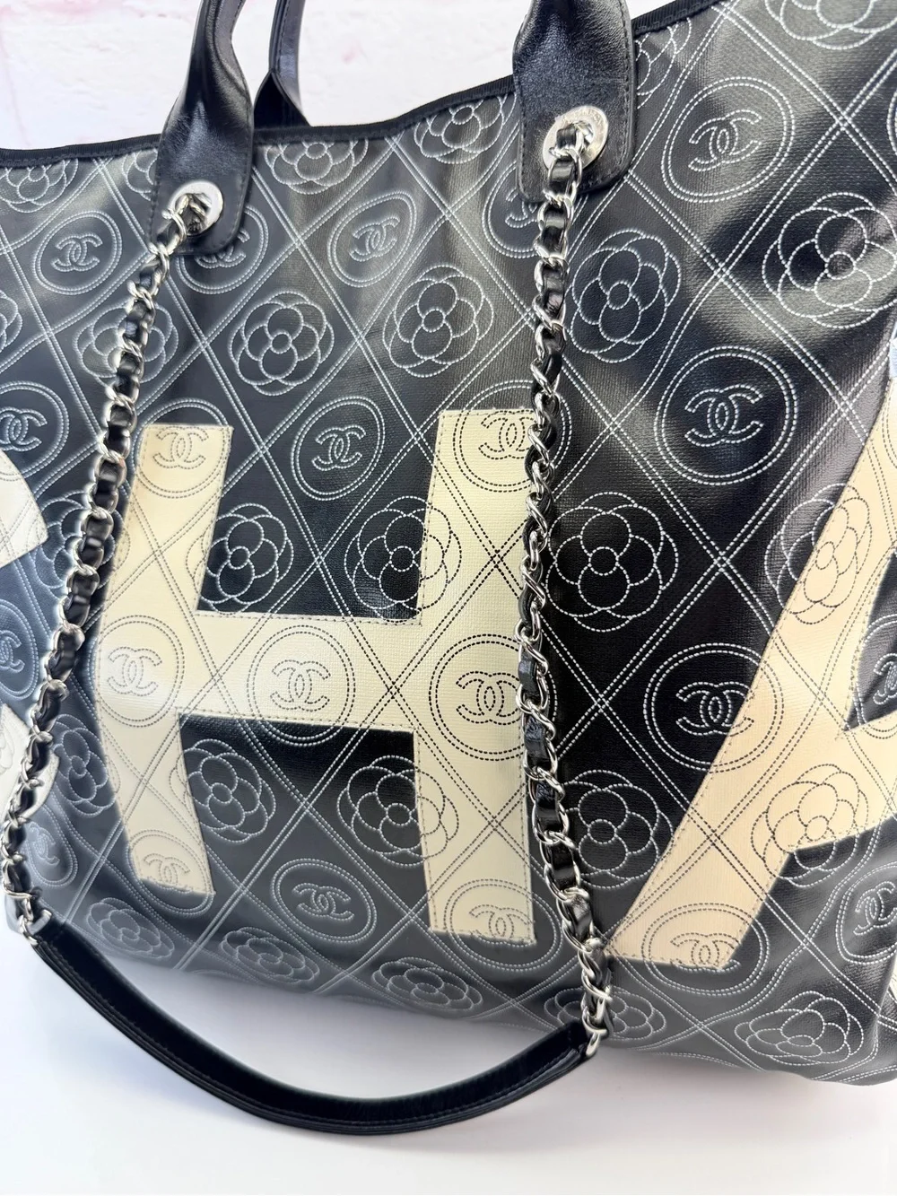 Chanel Coated Canvas Camellia Medium Shopping Tote Black Beige